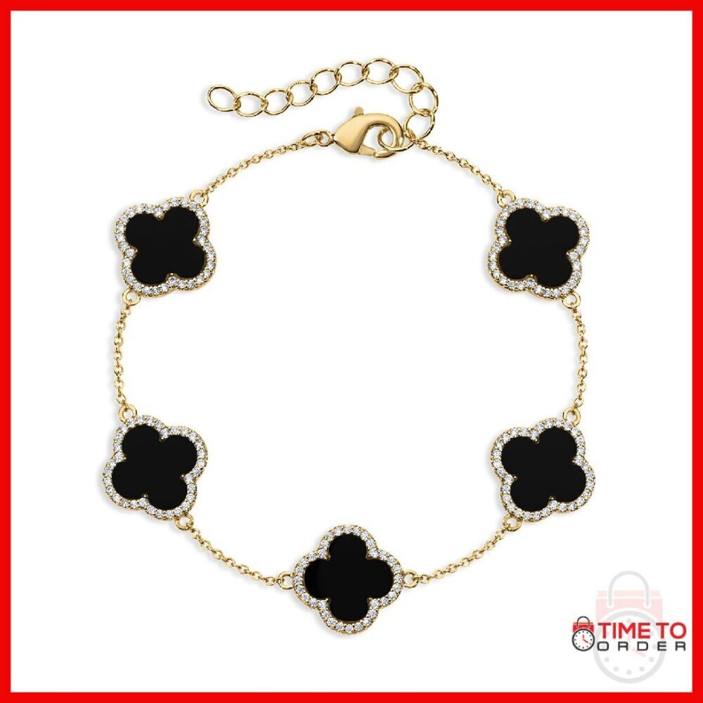 Gold Clover Charm Bracelet, 6.25 Inch Bead Chain, Brass Pave Setting
